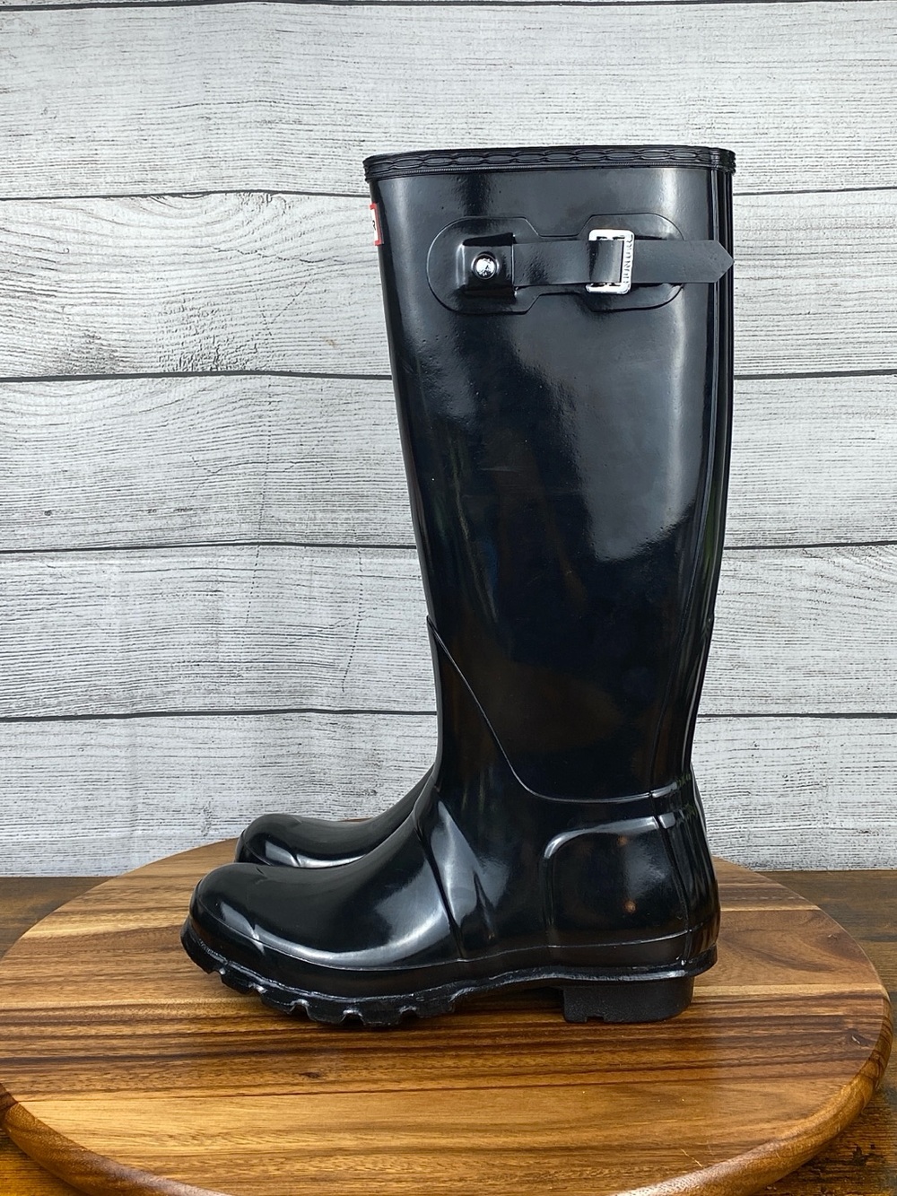 HUNTER Original Tall Gloss Rain Boots Black Natural Rubber Waterproof Size 7
